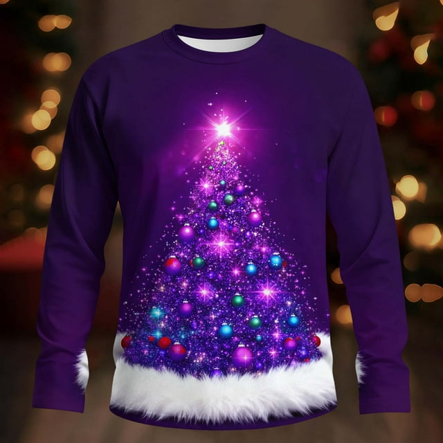 Amzcrzy Sudadera Para Hombre, Con Estampado Navideño, Informal, De Manga Larga Y Cuello Redondo, Color Morado, Xs