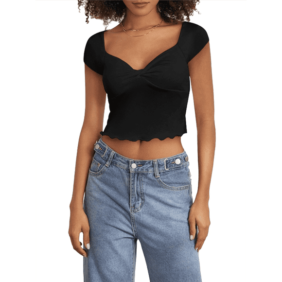 T-shirts pour Femmes Hauts d'Été 2025 Court Col Carré Manches Courtes Coupe Ajustée Tee Mignon Vêtements d'Entraînement de Gym Noir G