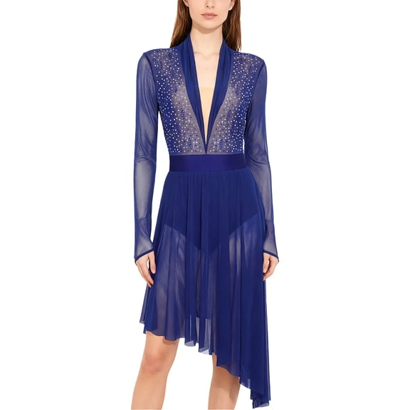 inlzdz Women Lyrical Dance Dress Long Sleeve Shiny Rhinestones Figure Skating Modern Dance Performance Dresses Navy Blue XL