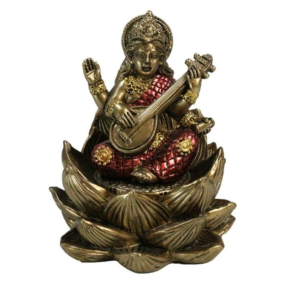 Hindu Deity Goddess Saraswati With Veena Guitar On Lotus Flower Mini Figurine