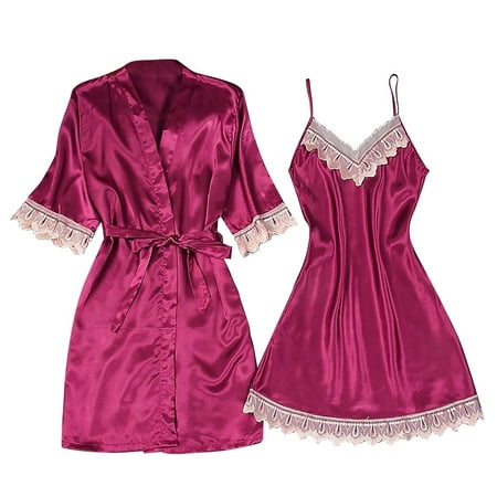 

BIZIZA Women Sleepwear with Robe Soft Plus Size 2 Piece PJ Sets Loungewear Chemise Nightwear Pajama Set Red S