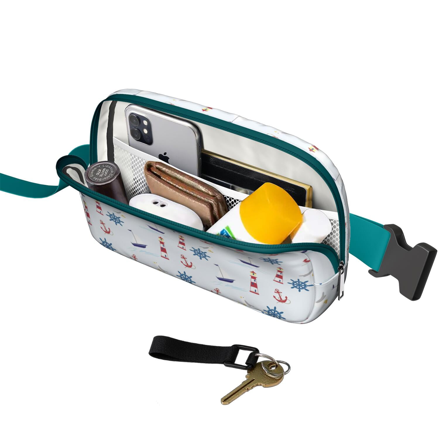 Marine Map Waist Bag – Nautical Travel Fanny Pack with Lighthouse, Anchor, Beacon & Coral Print, Great for Sailing & Coastal Getaways