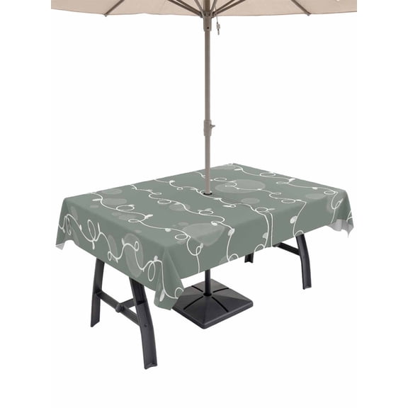Outdoor Tablecloth with Umbrella Hole for Patio/Picnic/Party/Camping, Sage Green Waterproof Table Cloth Rectangle Table Cover Washable, Vintage Minimalist Lines Abstract Art (60"x 102")