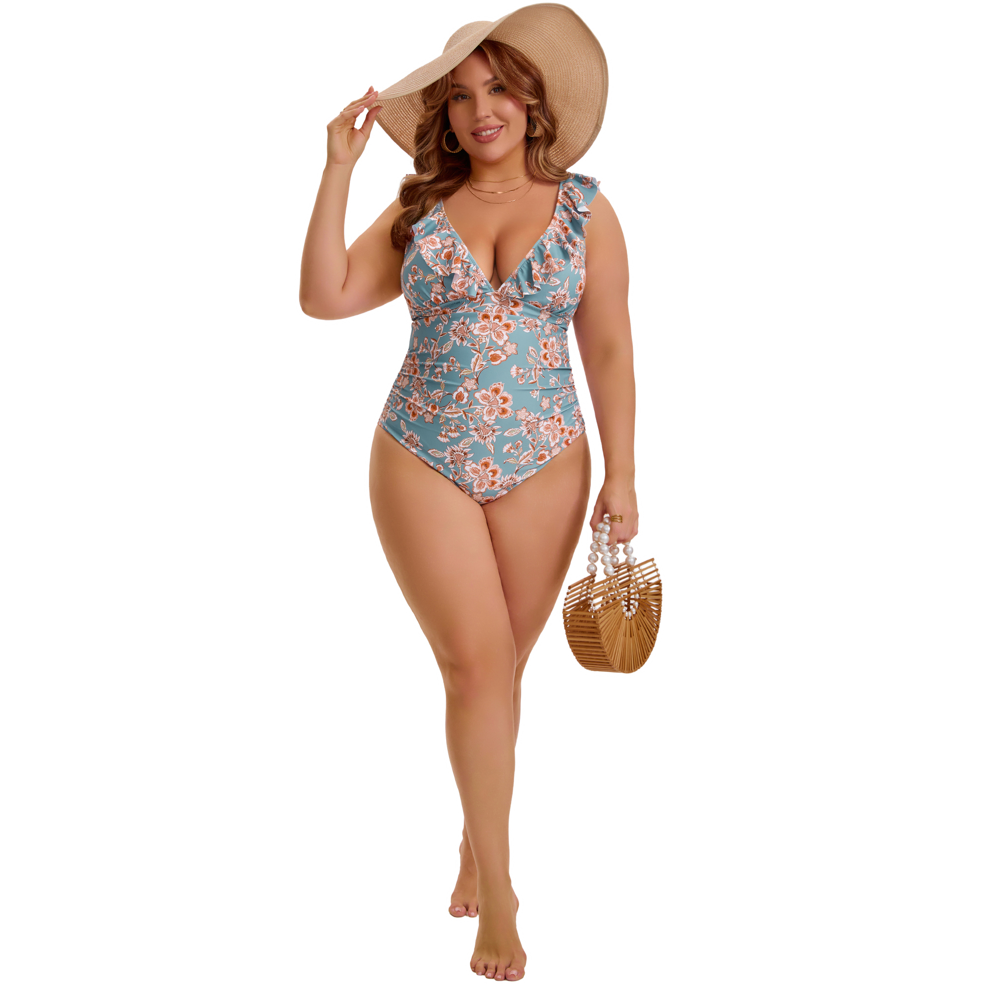 DARING DIVA Women's Plus Swimsuit Ruffled V Neck Tummy Control Bathing Suit L Sage Green