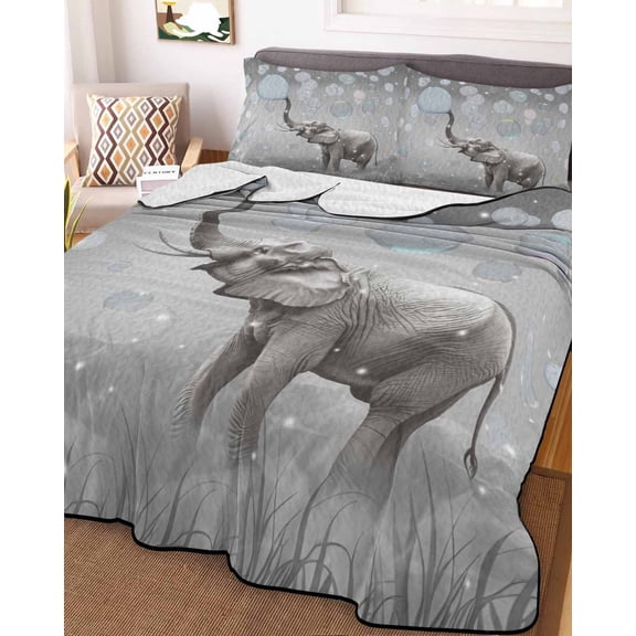Gray Elephants Queen Size Down Alternative Comforter, Lightweight Comforter Quilt Bedding Set with Pillow Shams Modern Vintage Elephants Blowing Bubbles All Seasons Bed Comforter Duvet Insert 90"x96"