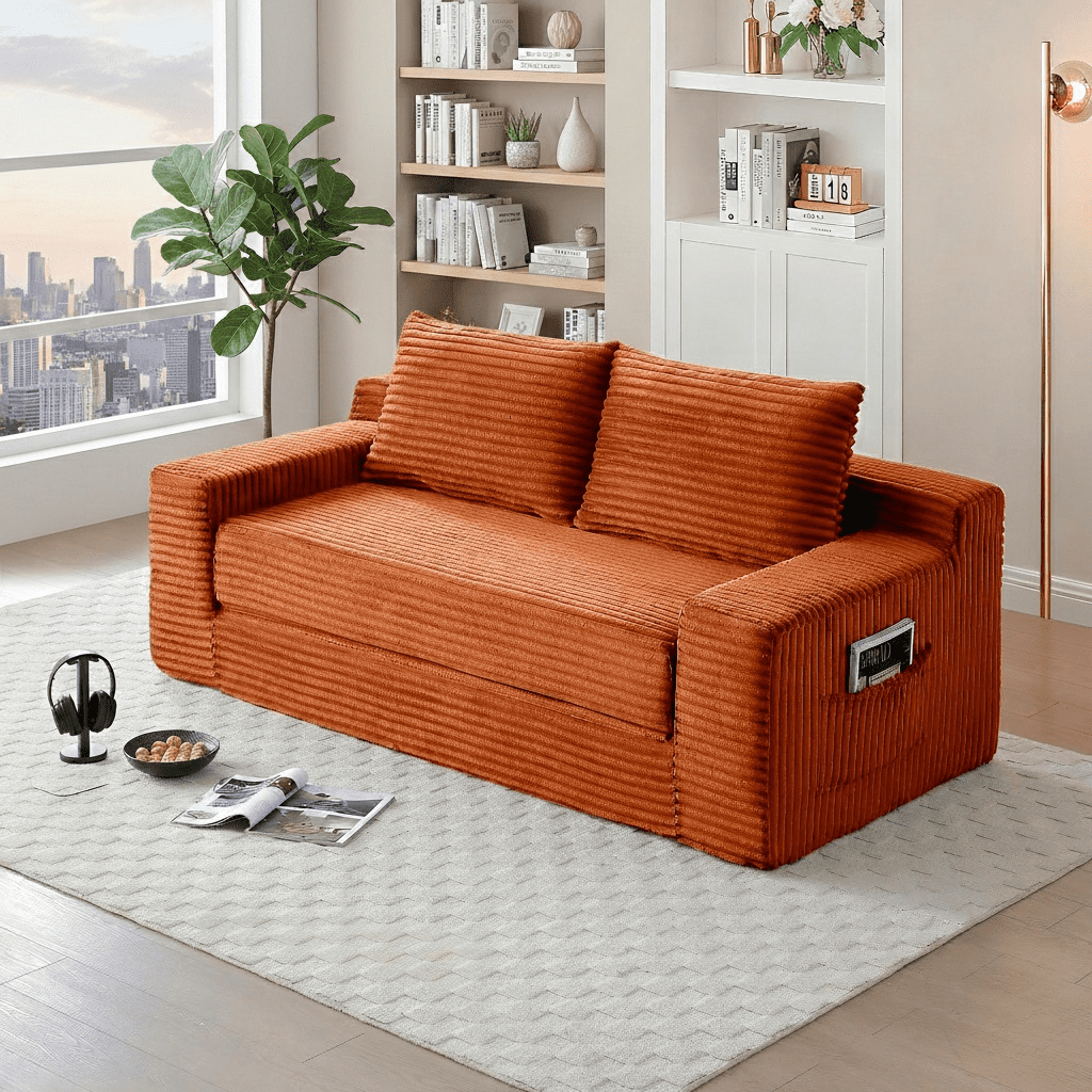 Howcool 73" Convertible Sofa Bed, Foldable Floor Couch, Boneless Foam Sleeper Sofa with Pull-Out Design, Corduroy Lazy Couch, No Assembly, Space Saving for Apartment Dorm Living Room, Orange