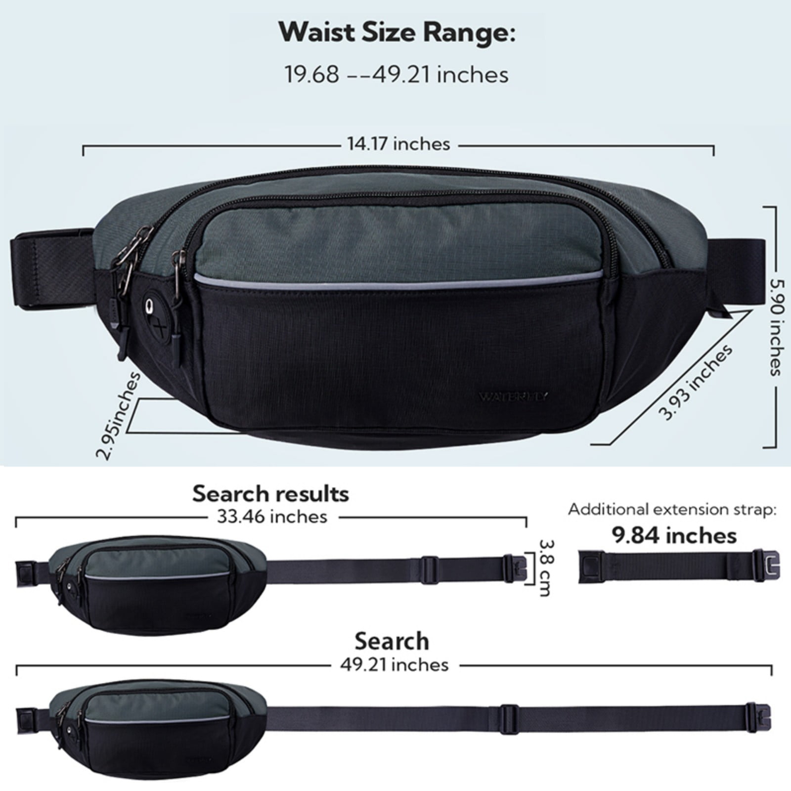 WATERFLY Unisex Hiking Walking Travel Nylon Fanny Pack Waist Bag,Black with Gray