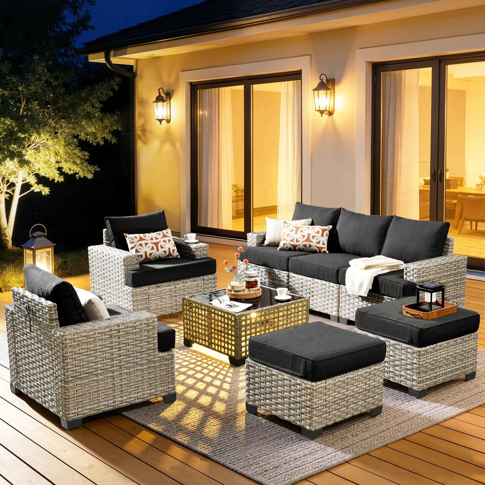 Vcatnet 8 Pieces Outdoor Patio Furniture Sectional Sofa PE Rattan Wicker Conversation Set with Solar Powered Coffee Table for Porch, Backyard, Black