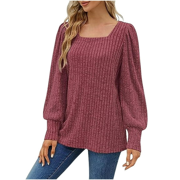 ShomPort Womens Knit Sweater Tops Square-Neck Long Sleeve Tops for Women Dressy Casual Business Blouses