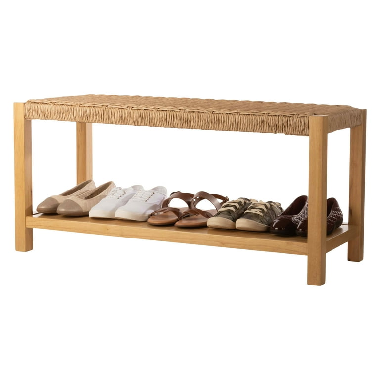 Alaterre Newport 40in Wood Bench with Rush Seat and Storage Shelf