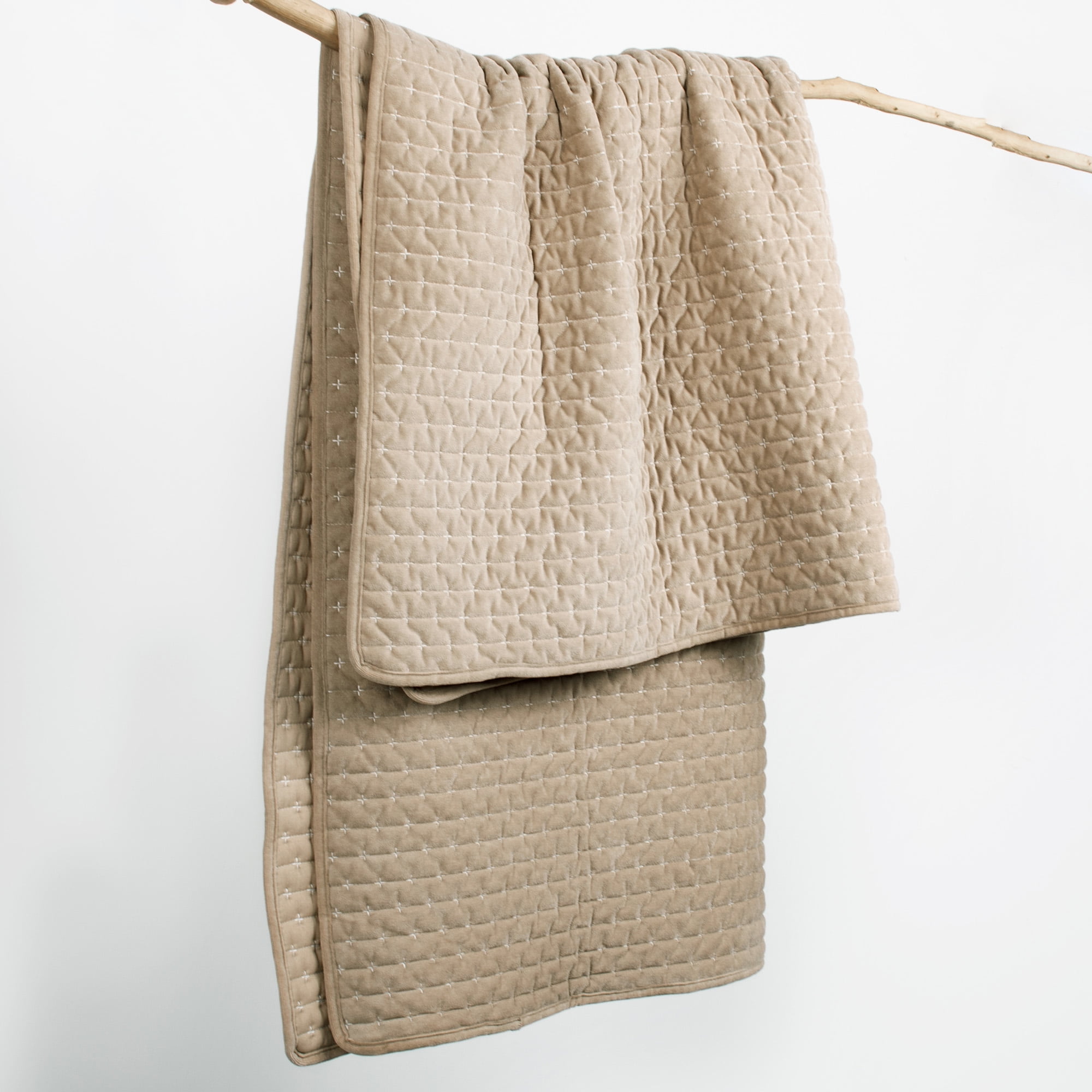 Levtex Home - Velvet Stitch - Throw - Cross Stitch Velvet - Taupe with White - Quilt (50x60in.) and Sham 50x60in. - Polyester