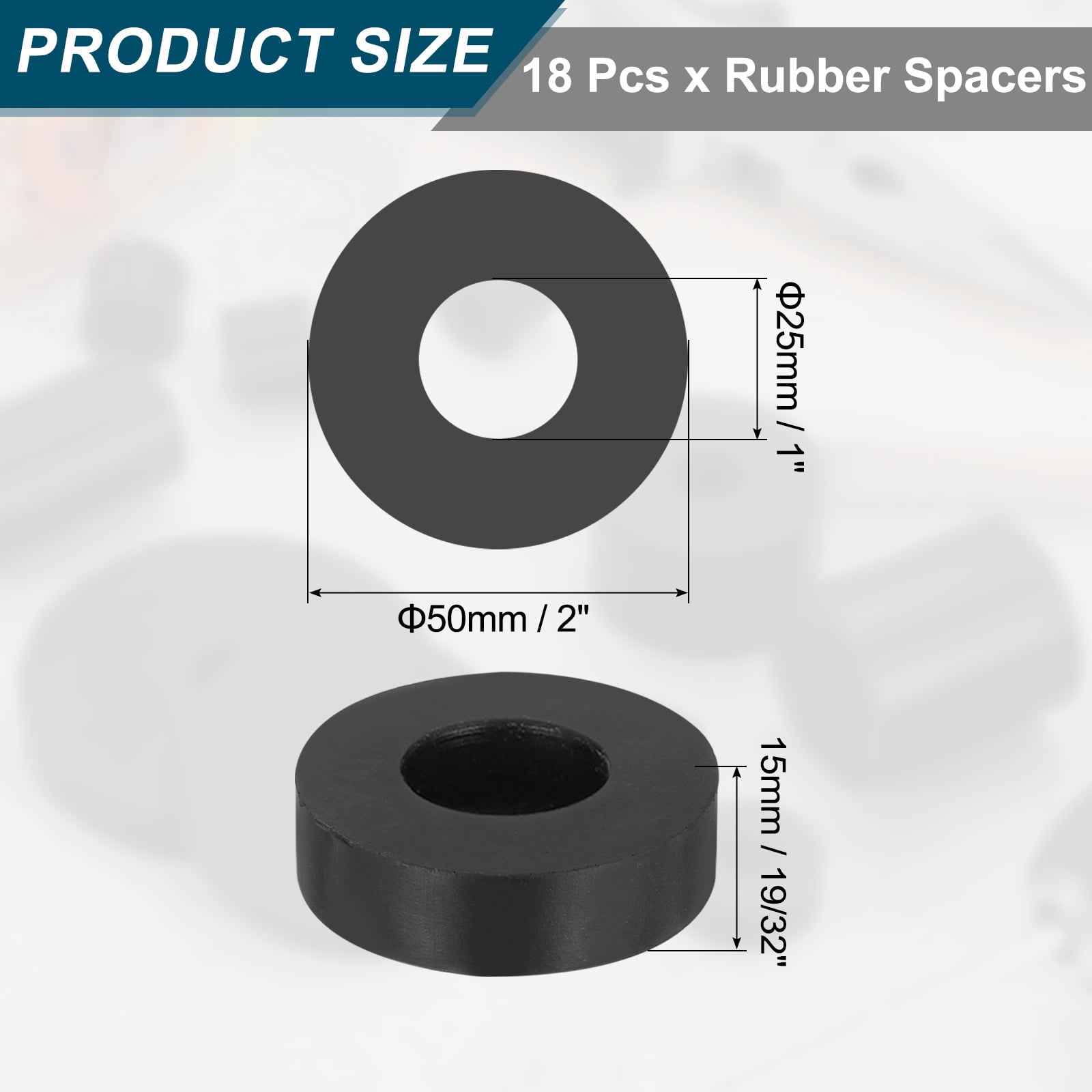 Uxcell 18Pack Thick Rubber Spacer, 2 Inch OD x 1 Inch ID x 19/32 Inch Thickness