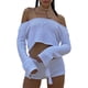thumbnail image 5 of VISgogo, conjunto de 2 piezas de punto a la moda para mujer, Tops cortos con hombros descubiertos de Color sólido/rayas + conjunto de pantalones cortos con cintura elástica para mujer, S/M/L VISgogo  moda, 5 of 9