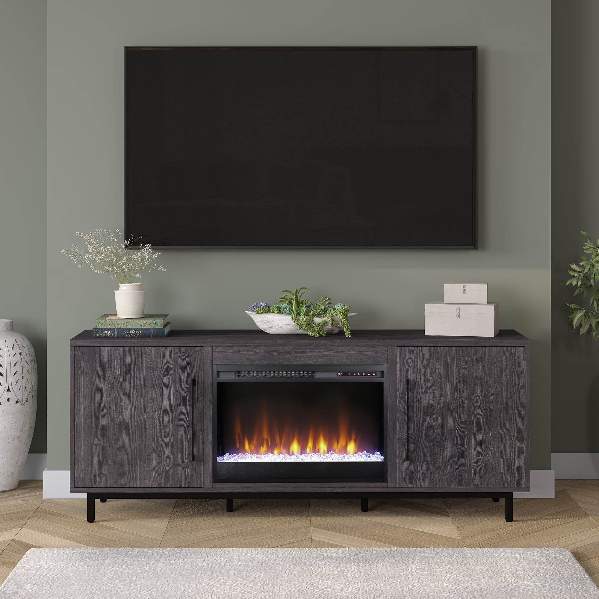 Evelyn&Zoe Julian Rectangular TV Stand with 26" Crystal Fireplace for TV's up to 75", Charcoal Gray