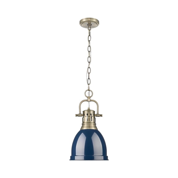 Yep by Golden Lighting Duncan 1-light 9in Chain Hung Pendant in Aged Brass and Navy Blue shade