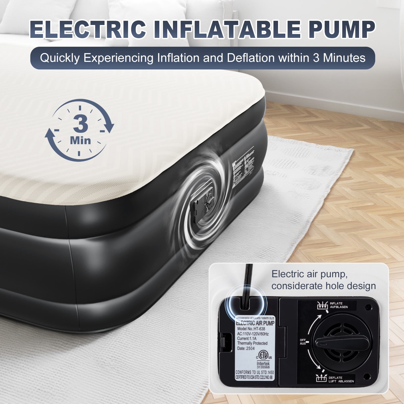 Ktaxon 18" Queen Air Mattress, Foam Flocking Airbed with Built-in Pump,Elevated Inflatable Bed for Home Cmaping & Guests, Beige & Black