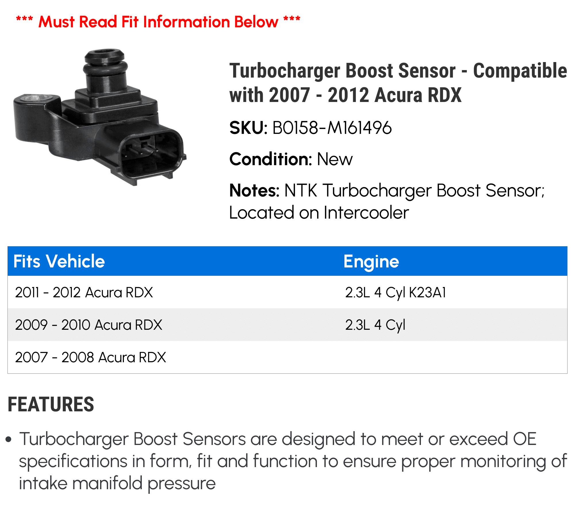 Replacement Turbocharger Boost Sensor fits Acura - 3