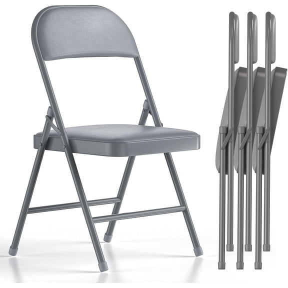 Folding Chairs with Padded Vinyl Cushion Chairs with Comfortable Cushion and Durable Steel Frame for Home and Office, for Indoor and Outdoor Events (Grey, Vinyl, 4 Pack)