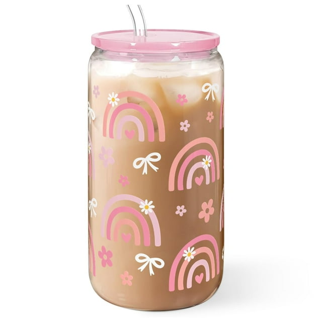 Vaso de cristal SANDJEST de 473 ml con tapa acrílica y pajita