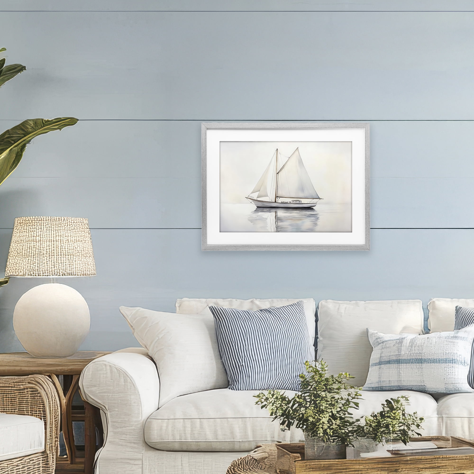 Stupell Industries Neutral Sailboat Reflection Gray Framed Print Under Glass, design by Petal Prints Design