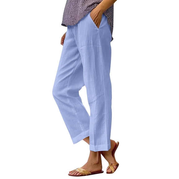 HKYNLAG Cotton Linen Pants Women Summer Boho Dressy Casual Straight Leg Capri Pants Elastic Waist Beach Trousers with Pockets Blue 6XL