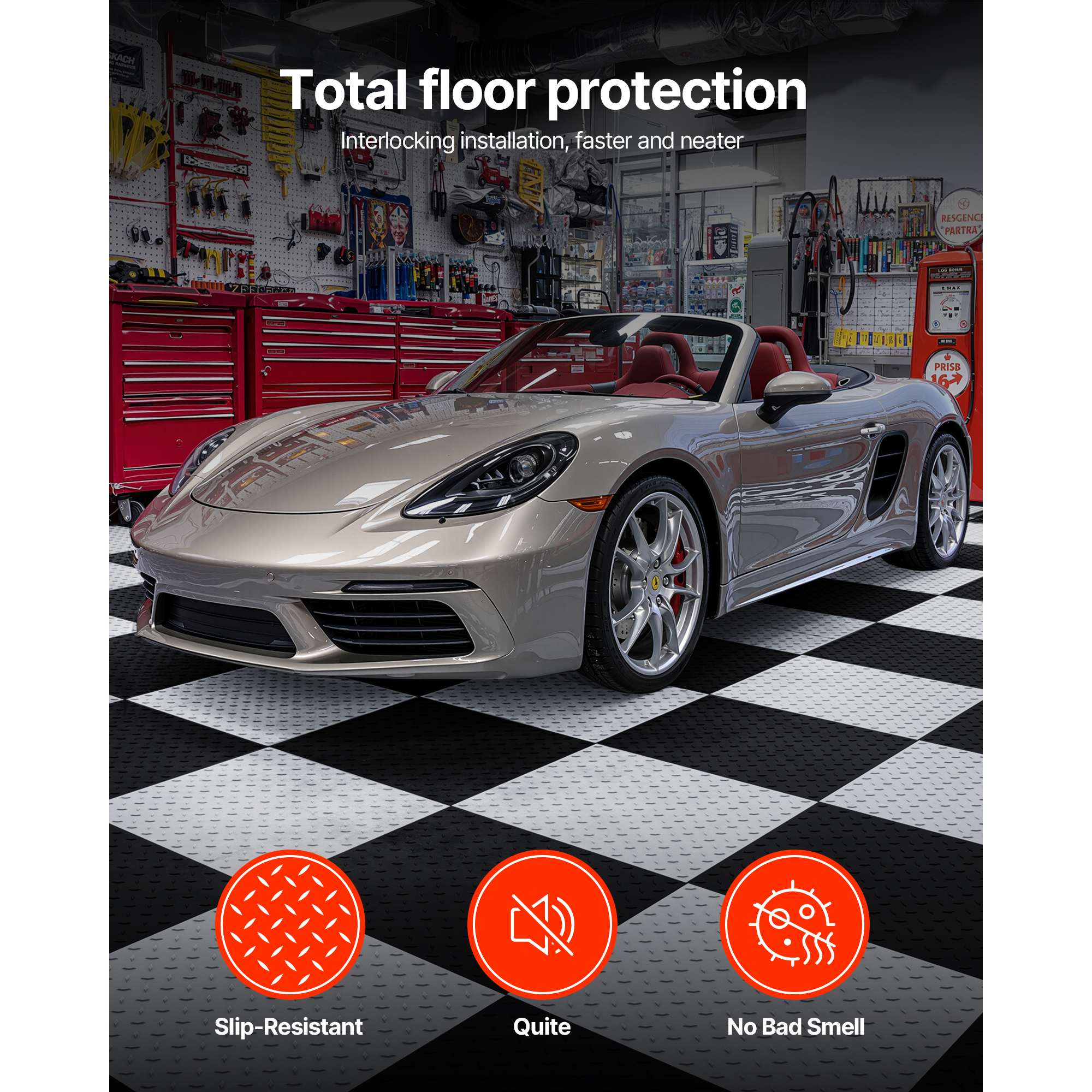 KFFKFF Interlocking Garage Floor Tiles, 16 Pack 20.2 x 20.2 x 0.2 in Modular Slip-Resistant PVC Flooring, Diamond Plate Design for Workshops, Warehouses, and Tool Rooms, Black