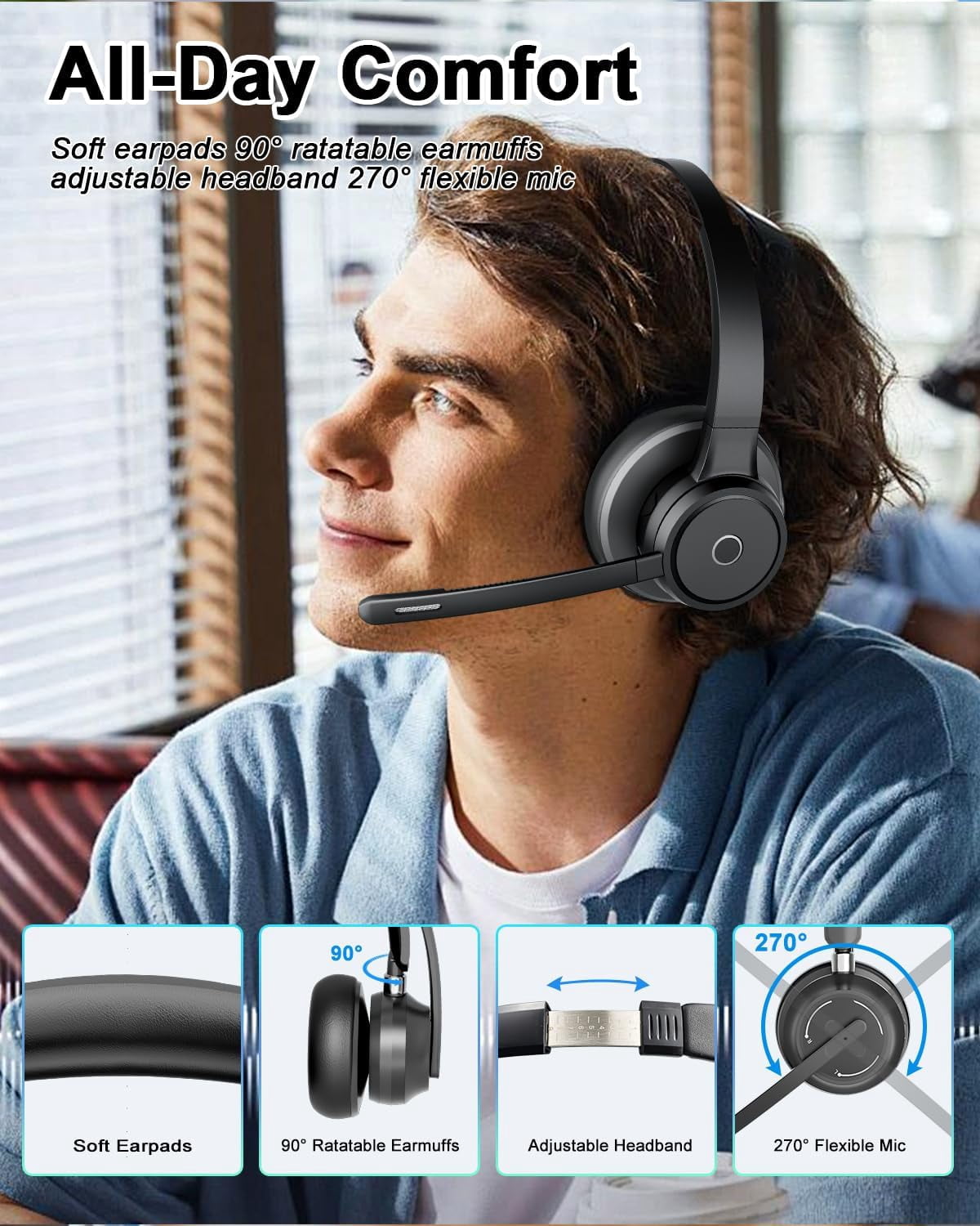 Bluetooth Headset with Noise Cancelling Mic, USB Dongle & Charging Dock, Wireless Computer Headset for PC Laptop Zoom Teams Call Center
