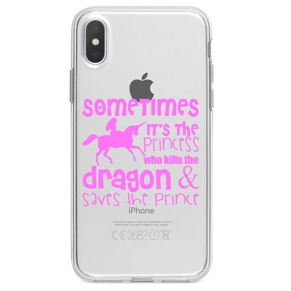 DistinctInk Clear Shockproof Hybrid Case for iPhone X / XS (5.8" Screen) - TPU Bumper Acrylic Back Tempered Glass Screen Protector - Sometimes It's the Princess Who Kills the Dragon