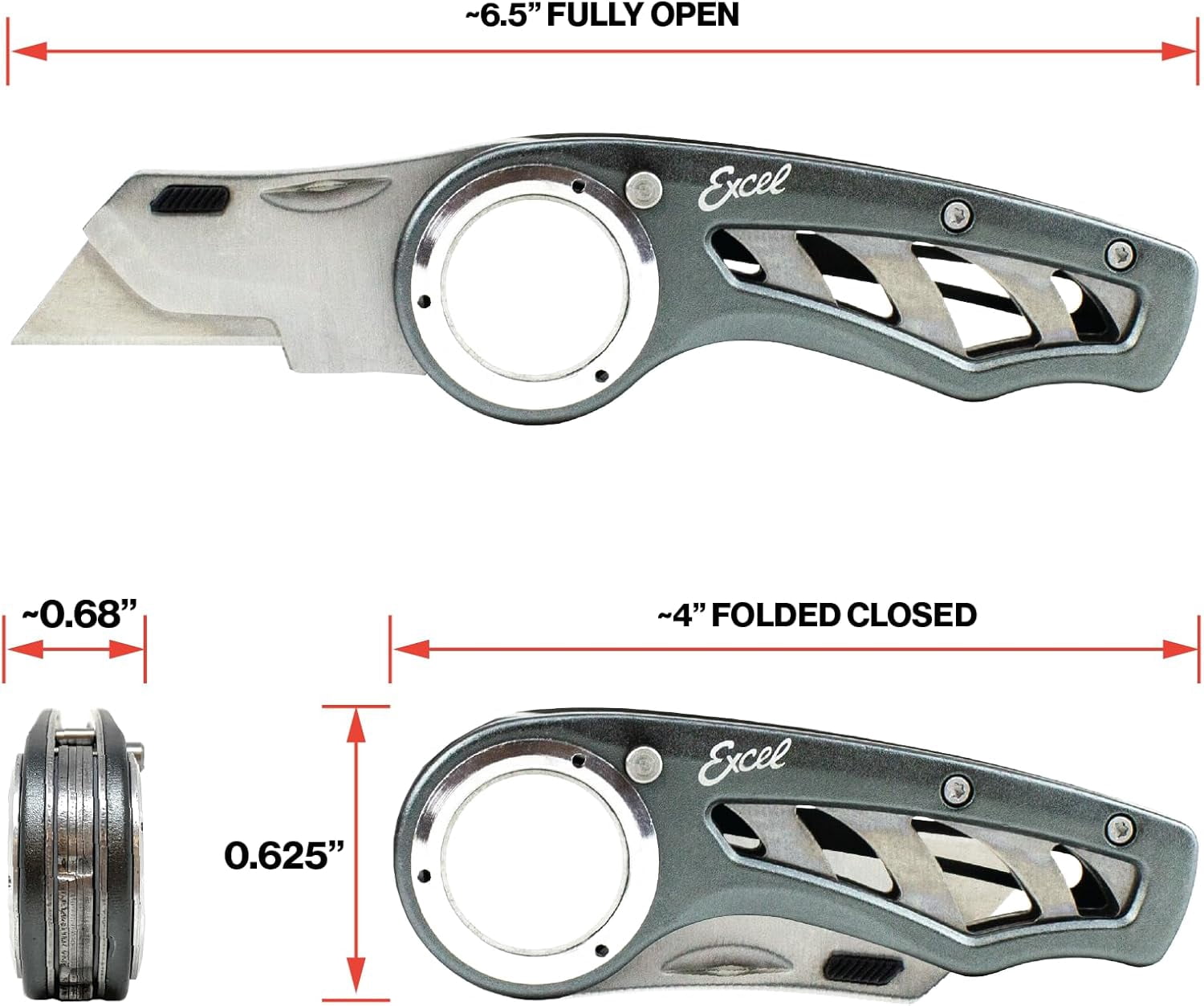 Revo Folding Utility Knife – Heavy-Duty Box Cutter with Aluminum Body, Quick-Change #92 Blades, 3 Lock Positions Design, Anti-Slip Finger Loop Grip, Holster Included – Grey