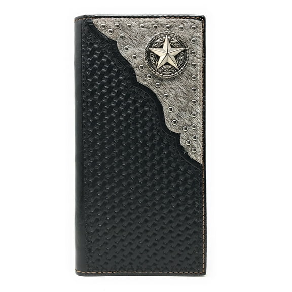 Western Genuine Leather Cowhide Cow fur Basketweave Star Men's Long Bifold Wallet in 3 colors