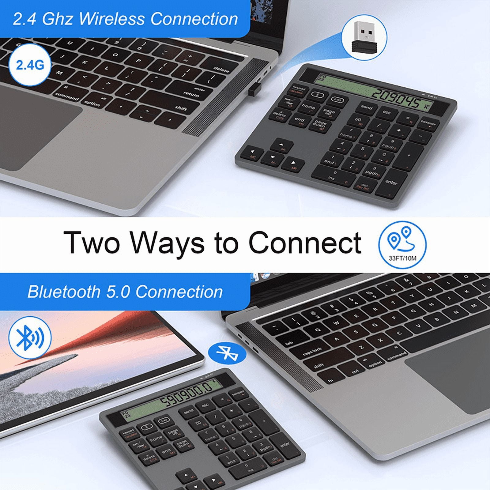 JOMAA Bluetooth +2.4G Wireless Numeric Keyboard with Display Calculator Wireless Number Keypad Financial Accounting Numpad Data Entry