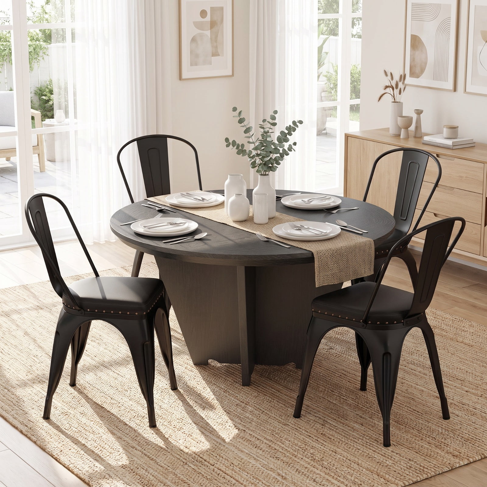 Furnibear Metal Dining Chair Set of 4 Stackable Kitchen Chairs with Removable Backs and PU Leather Cushioned Seat for Kitchen Dining Room, Black