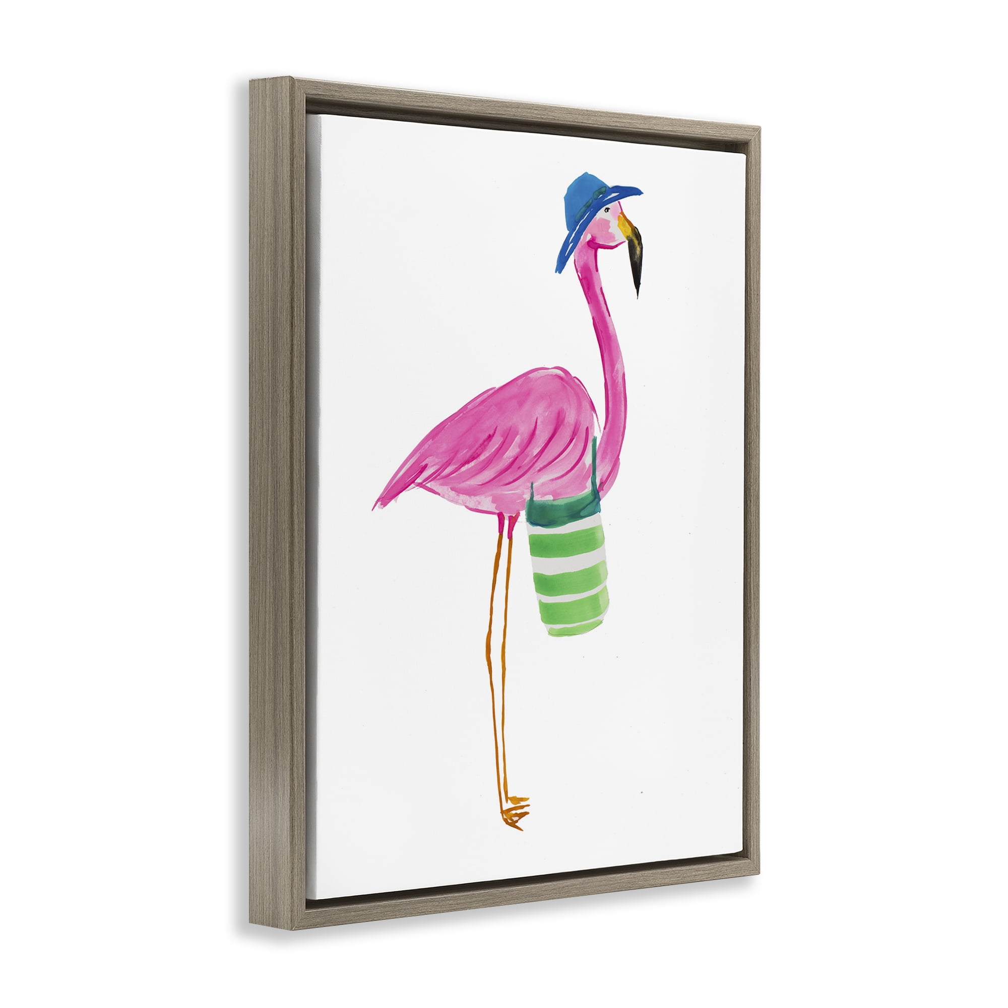 Stupell Industries Flamingo with Beach Bag Animals & Insects Painting Brown Floater Framed Canvas Art Print Wall Art, 25 x 31
