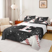jejeloiu Baseball Game Queen Sheet Sets,Ball Sport Lover Flat Sheet,First Letter E Queen Fitted Sheet For Girls,Super Cozy Room Decor,4 Pieces