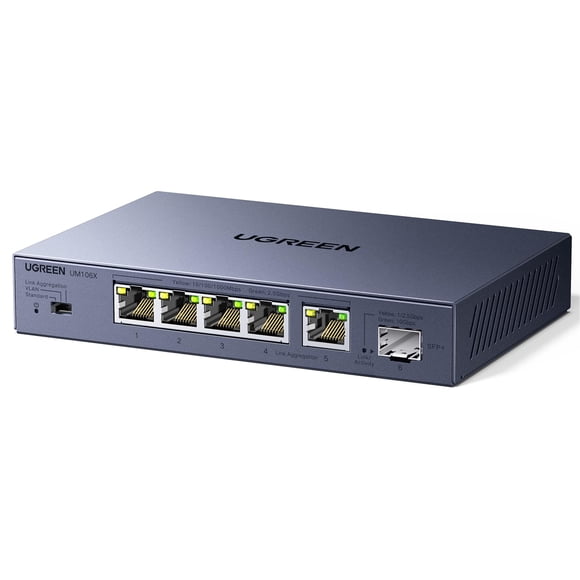 UGREEN 2.5Gb Switch, 6-Port Ethernet Switch, 5 x 2.5Gb + 1 x 10Gb SFP+, Standard/Link Aggregation to 5Gbps/VLAN 3 Modes, Plug & P