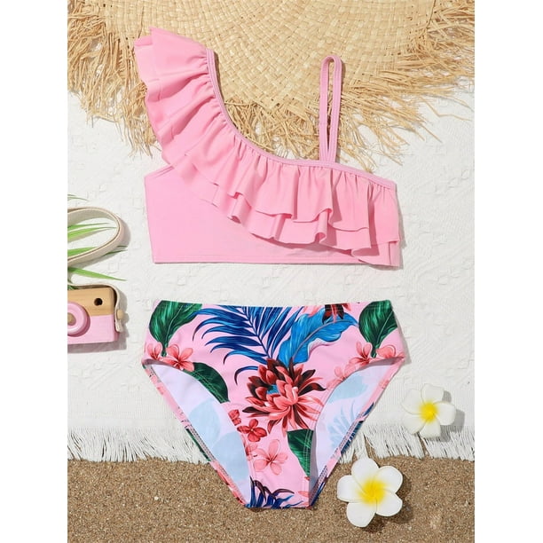 7-11 T Swimsuits Sets One-shoulder Ruffle High Waisted Swimsuit Two Piece Bathing Suits Swimwear for Teen Girl（Big Years - Walmart.com