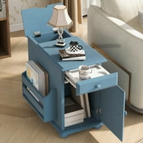 Aukfa Flip Top End Table with USB Ports, Power Outlets, Drawer, and Cup Holders - Compact Side Table with Bookshelf for Living Room, Bedroom, or Small Spaces - Antique Blue