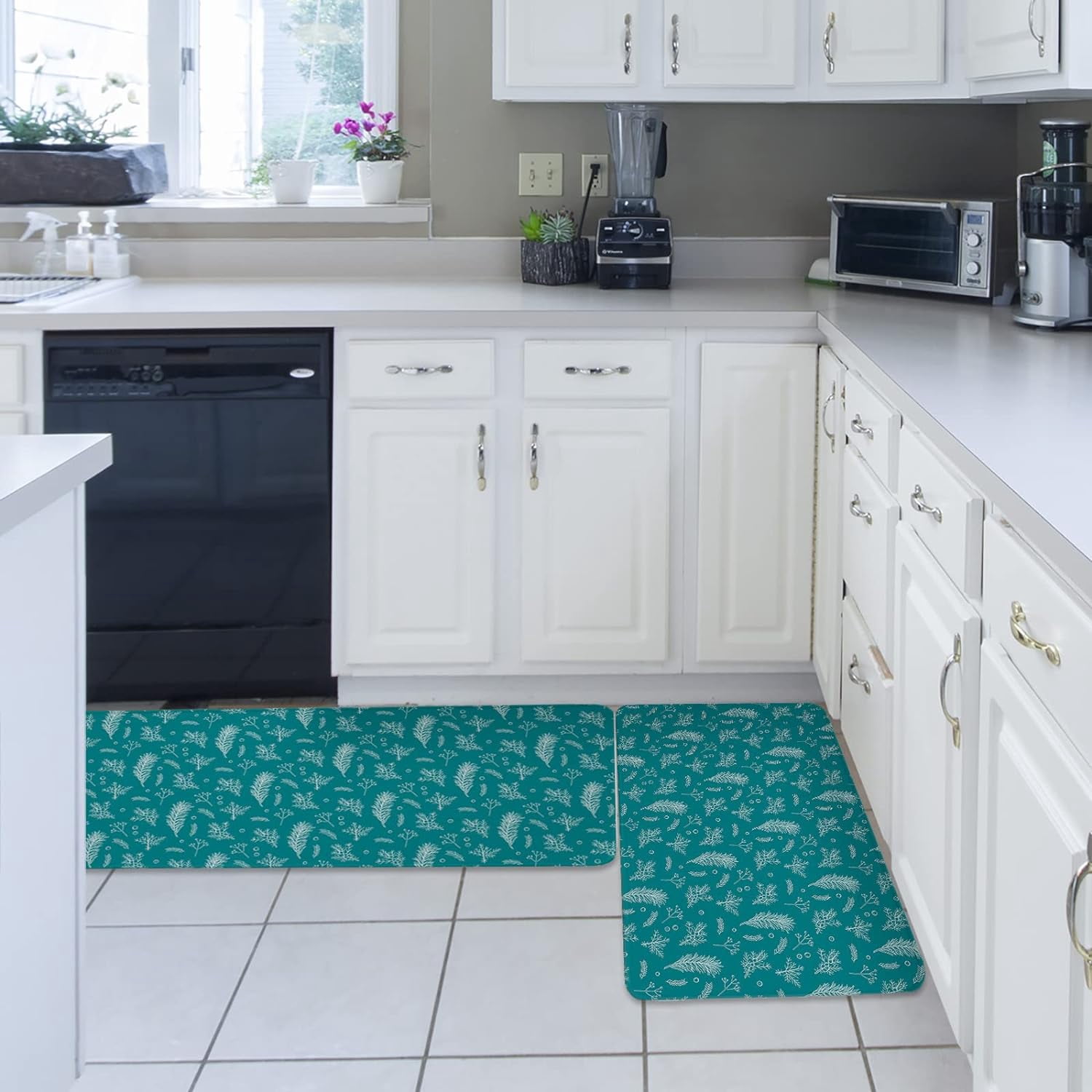 Kitchen Rug Mat Xmas Holly Berry Teal, Set of 2, Anti-Fatigue Non-Skid Washable Kitchen Runner Rugs, Soft Comfort Rug for Kitchen, Floor Home, Front of Sink, Laundry
