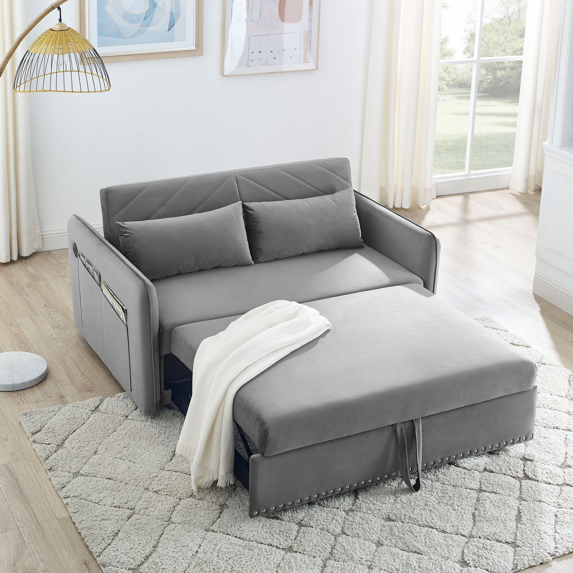 DEALTOPS Pull Out Sofa Bed, Convertible Loveseat Sleeper Sofa with USB Ports and Side Pockets, Gray