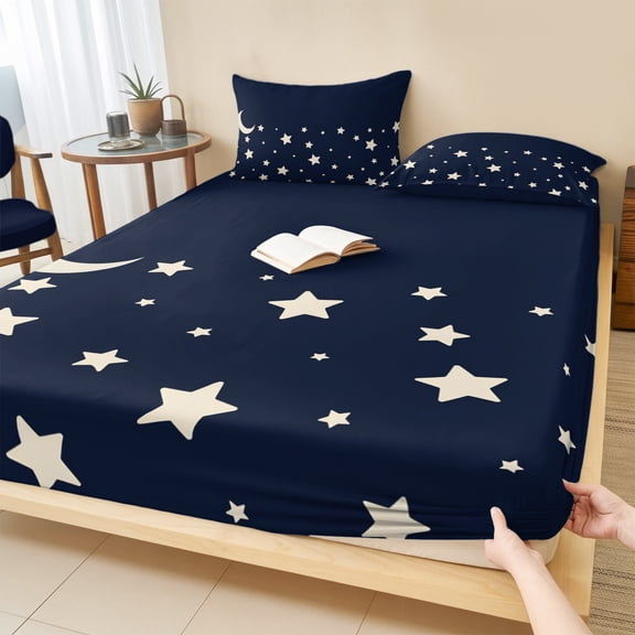Twin XL Size Fitted Sheet Set - Modern 2 Piece Bedding Sets 16" Deep Pocket Fitted Sheet with 1 Pillowcases, Japanese Style Minimalist Moon Stars Blue Brushed Microfiber Hotel Luxury Bed Sheets