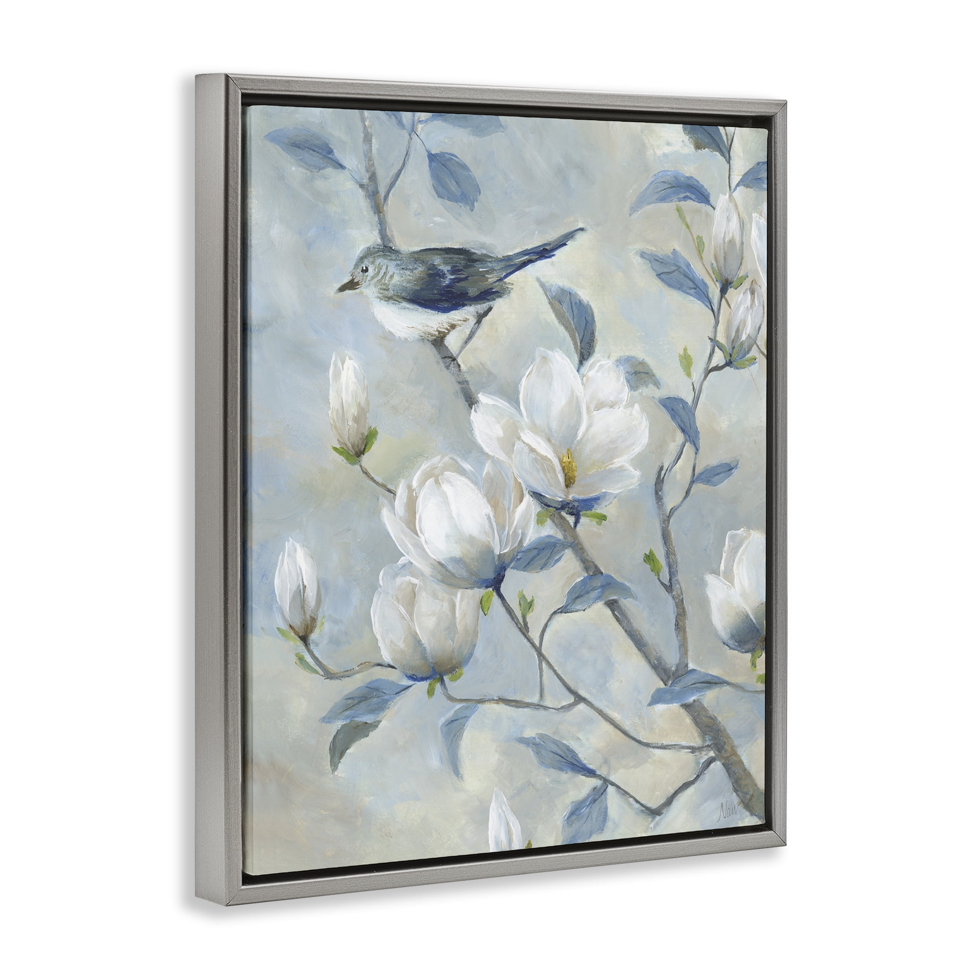 Stupell Industries Blue Bird in Magnolia Tree Gray Framed Floater Canvas Wall Art, design by Nan