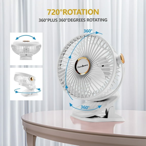 Vivicreate Portable Clip-on Rechargeable Fan 1200mAh 5 Speeds Ultra-Quiet 360° Rotation, Personal Desk & Table Cooling Fan, White