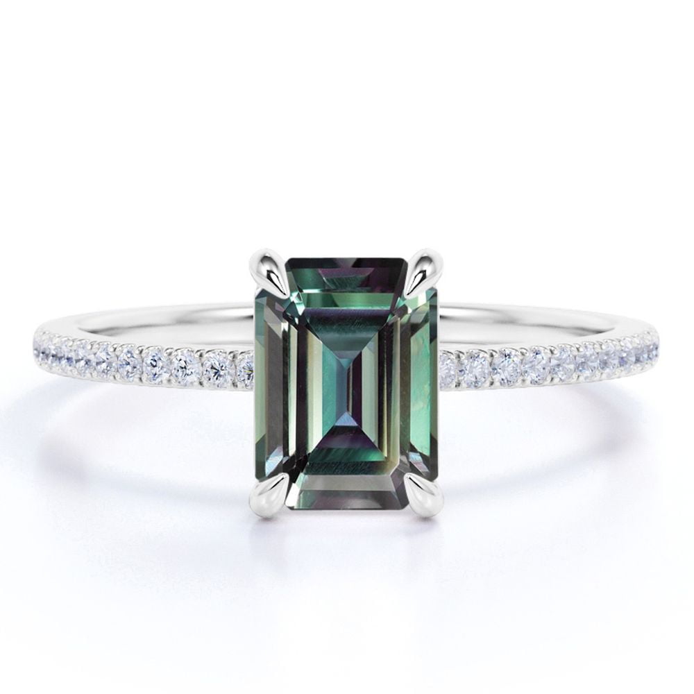 JeenMata Solitaire 1.25 Carat Emerald Cut Lab Created Alexandrite and Moissanite Semi Eternity Pave Engagement Ring - 18k White Gold over Silver