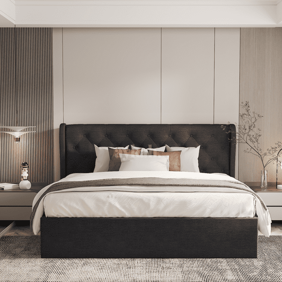 Brittany Double Size Upholstered Tufted Storage Bed, Foam Filled Fabric, Low Profile Platform, Metal Bed Frame with High Headboard, Wood Slat Support, Modern Design