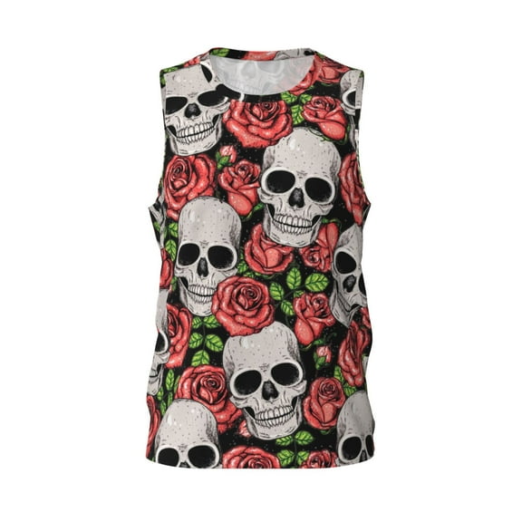 Easygdp Skull and Roses Men's Mesh Basketball Jersey Quick Drying Sleeveless Shirts Fitted Muscle Tank Tops Sport Round Neck T-Shirt - Small