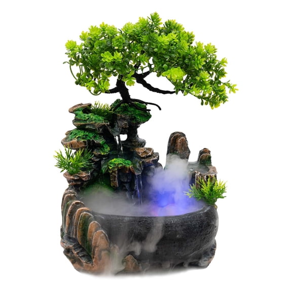 Tabletop Water Fountain  Resin, LED Lights, 3 Colors, with Ultrasonic Mist Maker, 110V US Plug, for Home Office Desk Relaxation Decor