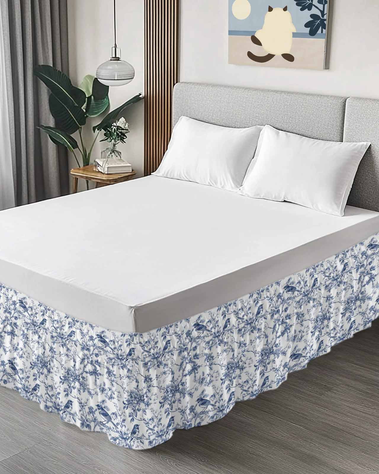 Blue Botanical Bed Skirt Queen Size, Vintage Botanical Birds Wrap Around Bed Skirting with Adjustable Elastic Strap, Dust Ruffle Pleated Bedskirts 16 Inch Drop for Bedroom Queen Beds
