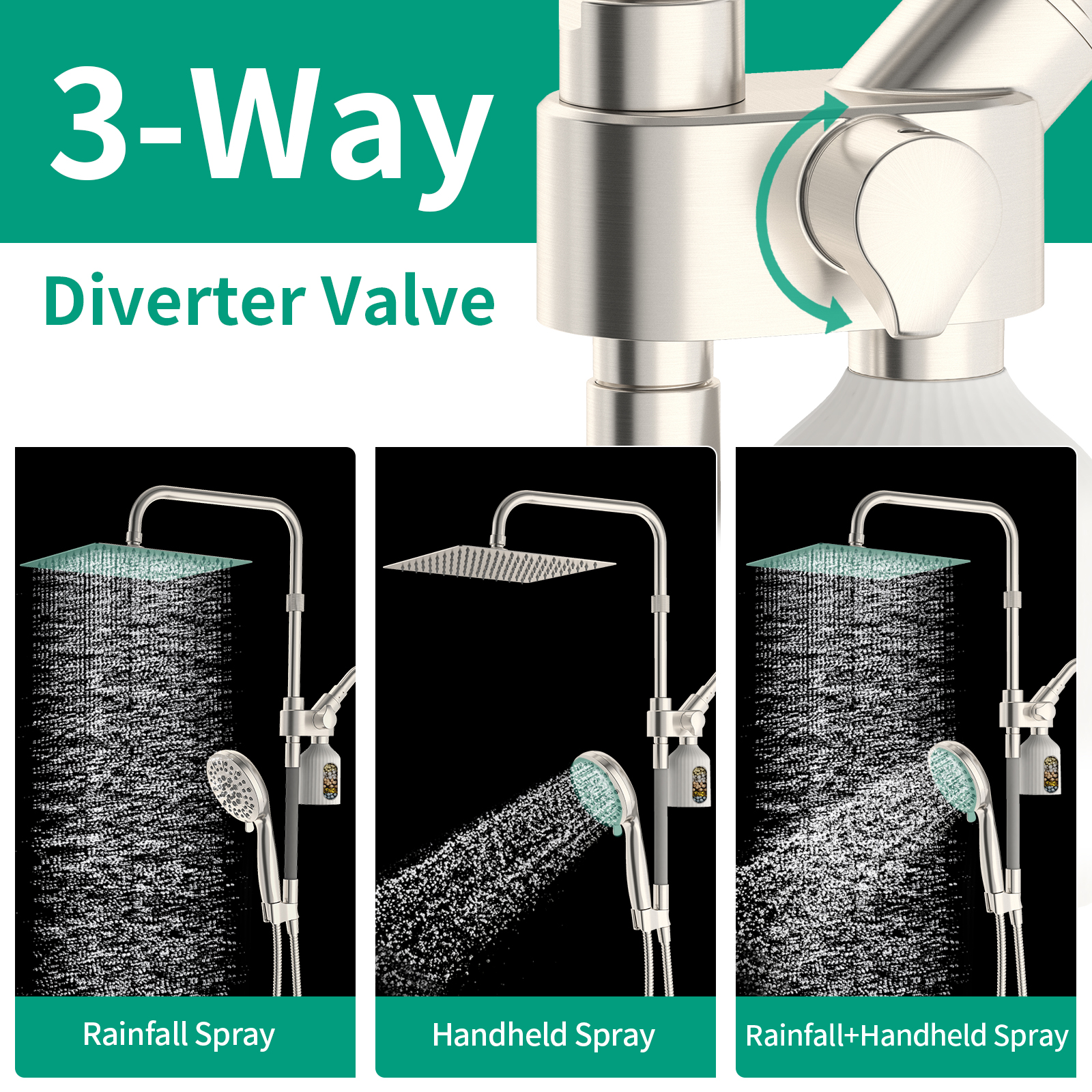 KAIYING 10" Filtered Rain Shower Head Combo, High Pressure Dual Shower Heads with Handheld Spray, Filter System, Extra Long Hose & Adjustable Extension Arm (Brushed Nickel)