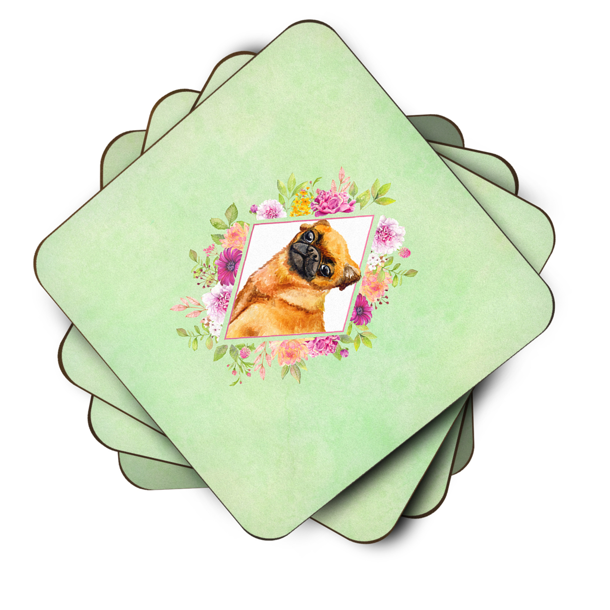 Carolines Treasures CK4345FC Brabant Griffon Green Flowers Foam Coaster Set of 4 3 1/2 x 3 1/2 multicolor