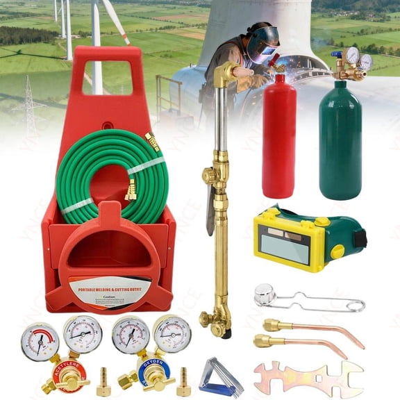 Ynce Oxyacetylene Torch Kit with Brass Nozzle, Complete Gas Welding Cutting Kit with Oxygen & Acetylene Tanks, Pressure Gauge for Professional Use